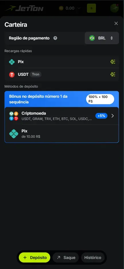 Carteira da Jetton na aba Depósito com região de pagamento BRL, recargas rápidas Pix e USDT Tron, Criptomoeda com +5% e Pix a partir de 10.00 R$