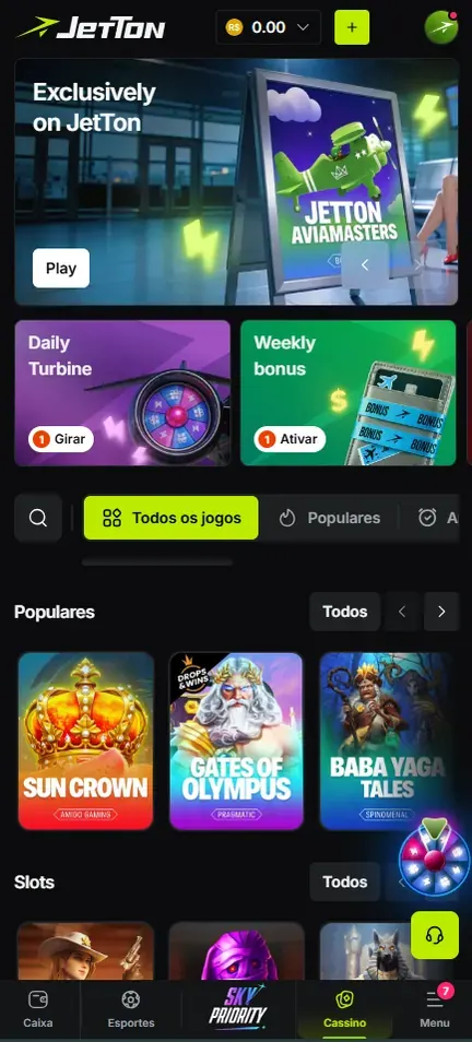 Lobby da Jetton no celular com banner Exclusively on JetTon, cartões Weekly bonus e Daily Turbine, faixas Populares e Slots e barra inferior de Caixa a Menu